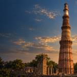 AI-generated view of Qutab Minar and surrounding ruins at sunset.