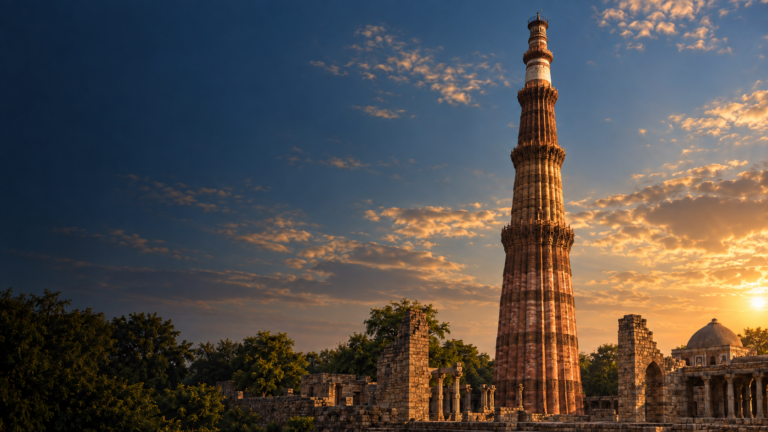 AI-generated view of Qutab Minar and surrounding ruins at sunset.