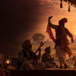 Traditional Punjabi folk artists performing at sunset for the Vanishing Folk Arts of Punjab documentary
