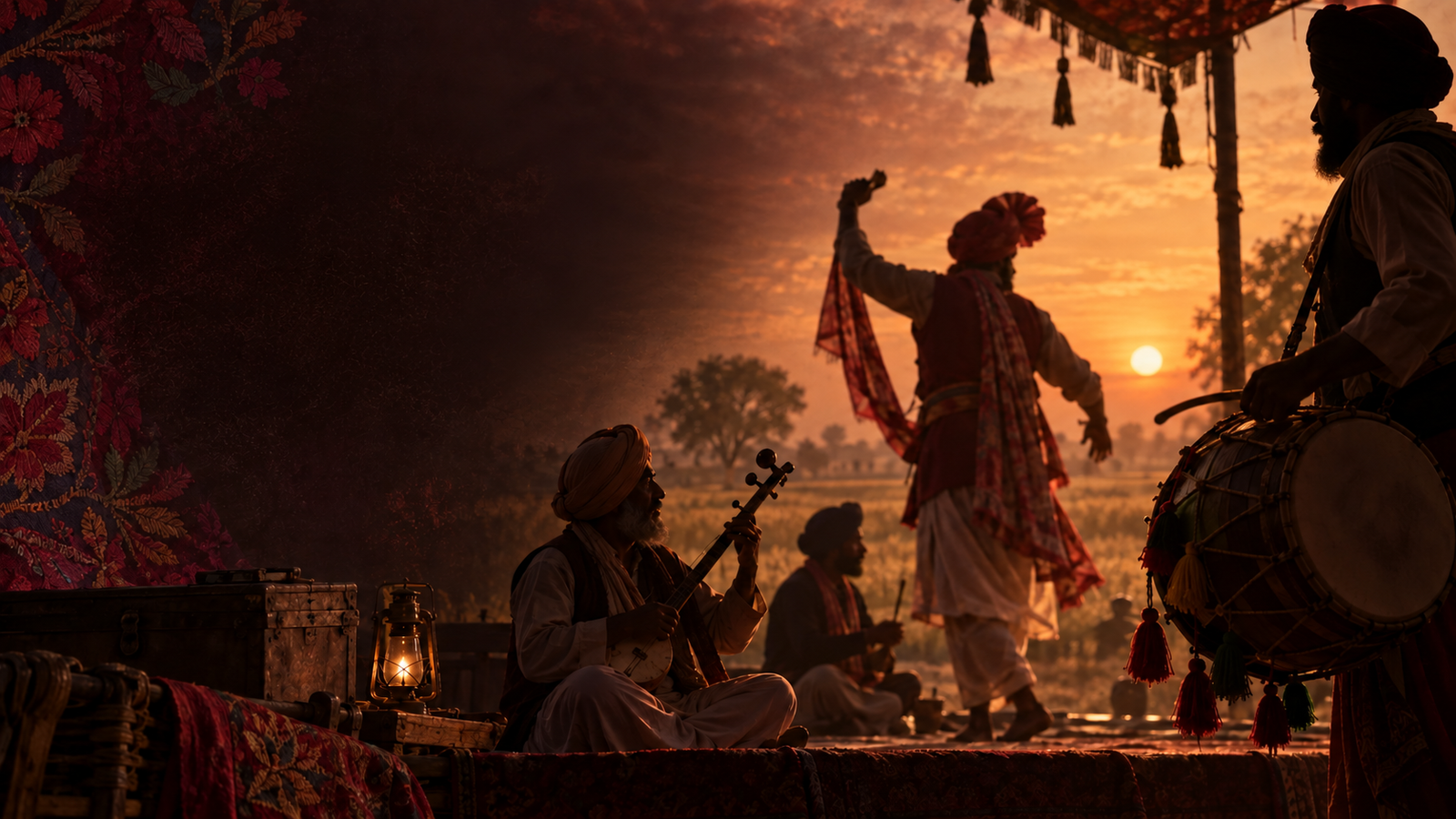Traditional Punjabi folk artists performing at sunset for the Vanishing Folk Arts of Punjab documentary